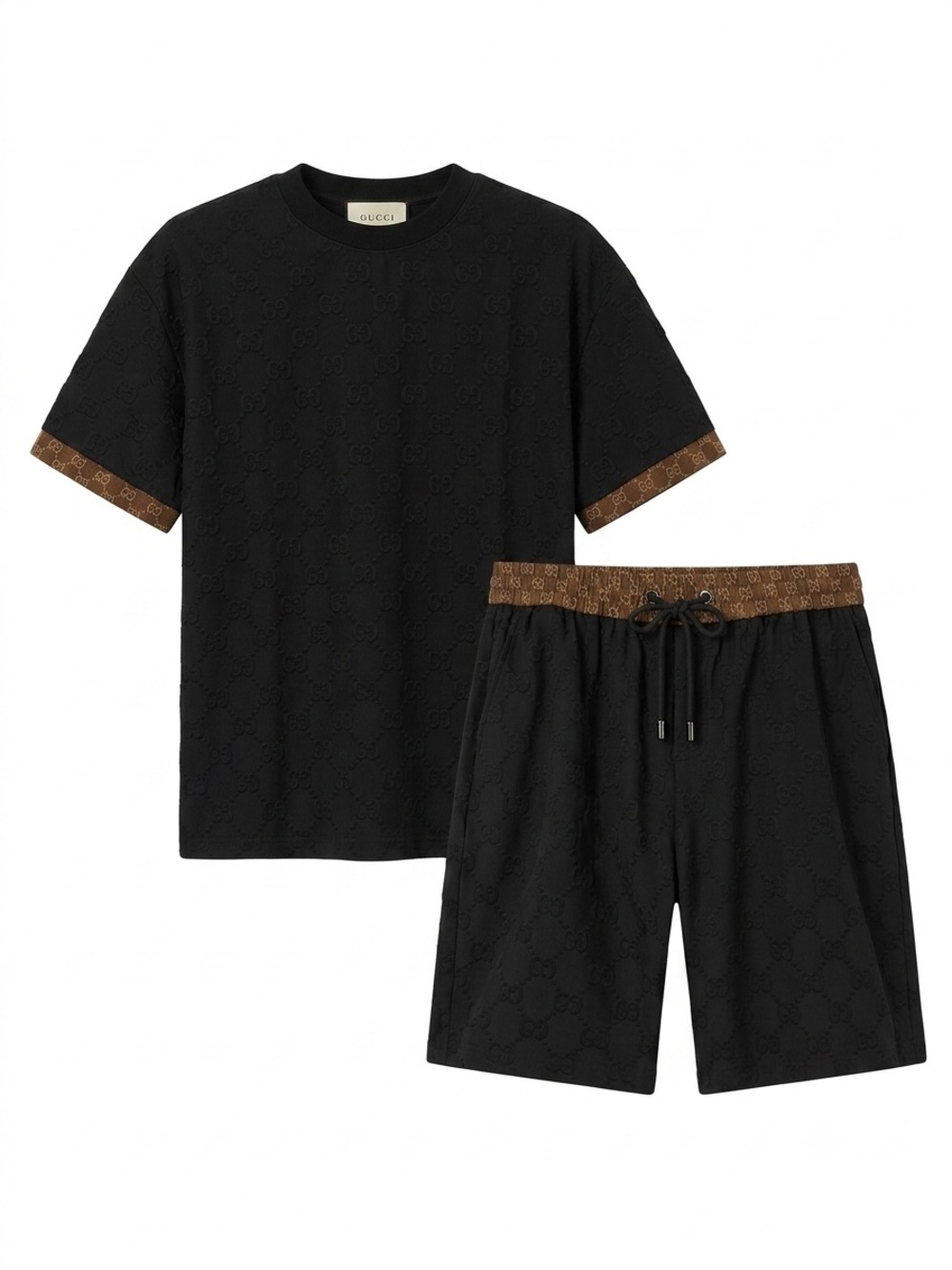 Gucci Black Tee and Shorts with Brown Logo-Trim